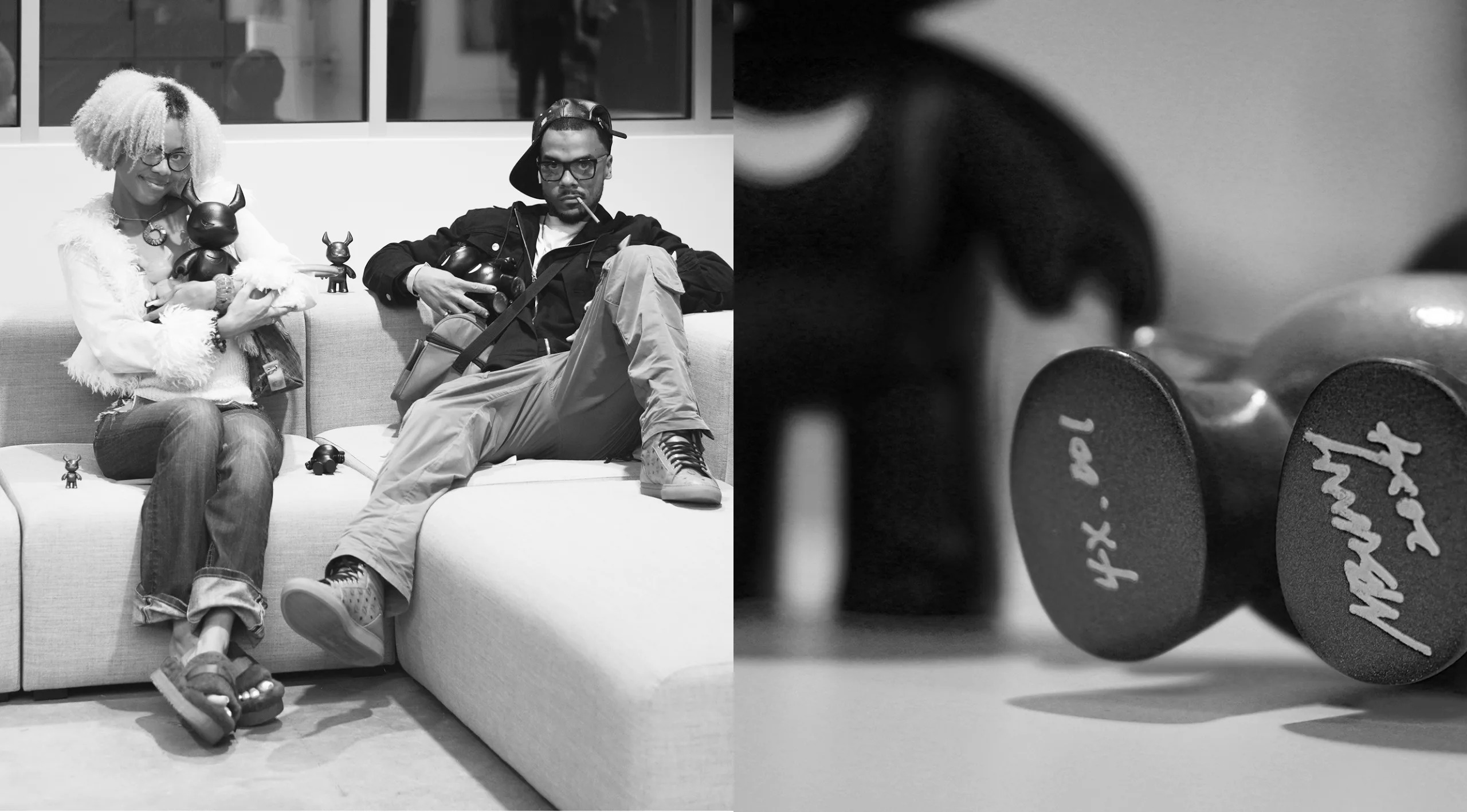 Two collectors on a couch with Madbunny figures, beside a signed figure in close-up